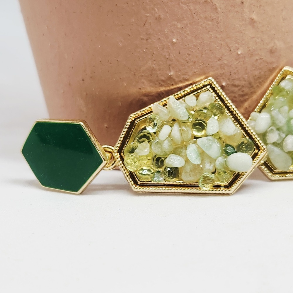 Green Geometric Stone Chip Drop Earrings Gold Tone‎ Hexagon Statement Jewelry - Picture 8 of 8